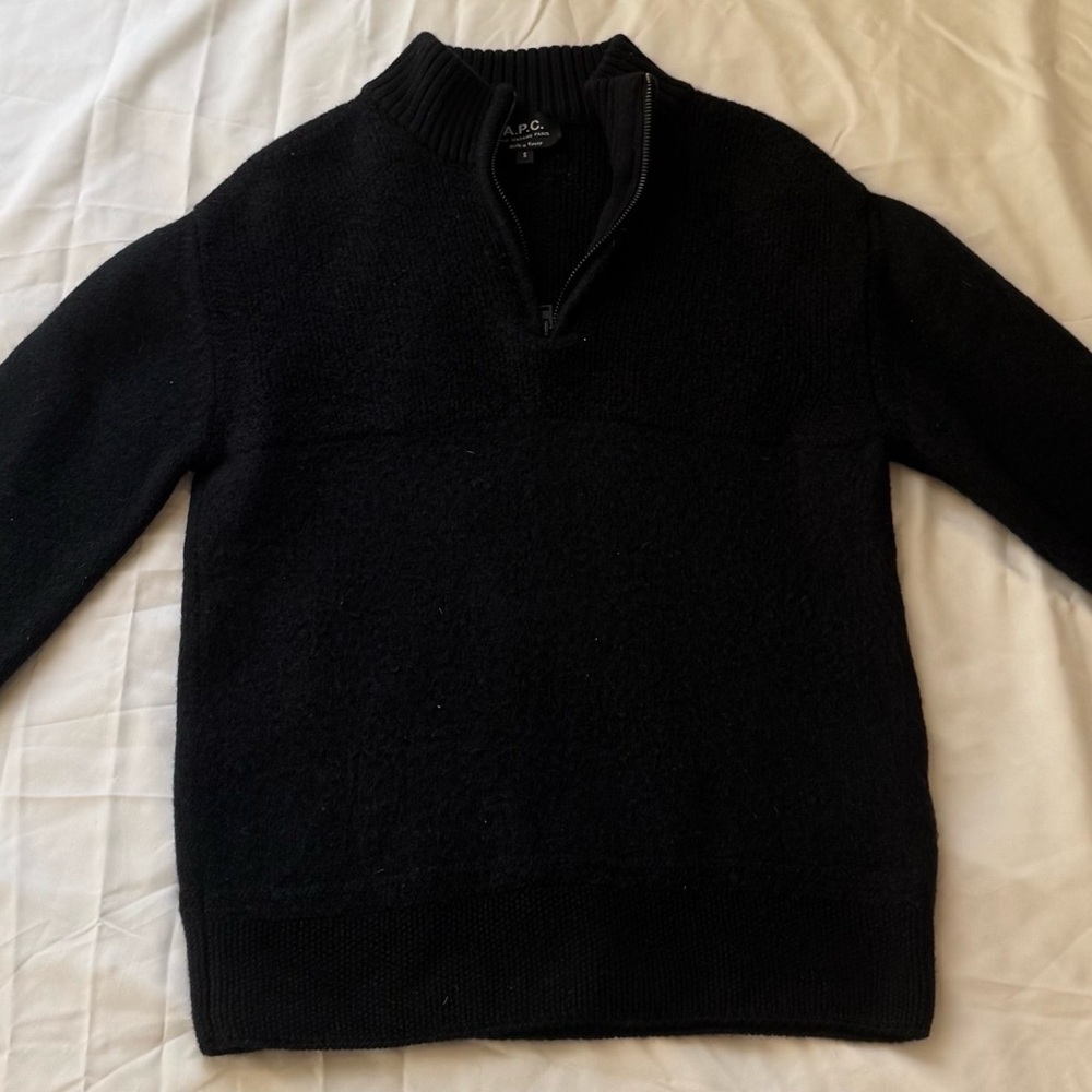 A.P.C. Paris Black 100% Wool Quarter-Zip Minimalist Knit Sweater Men’s Small